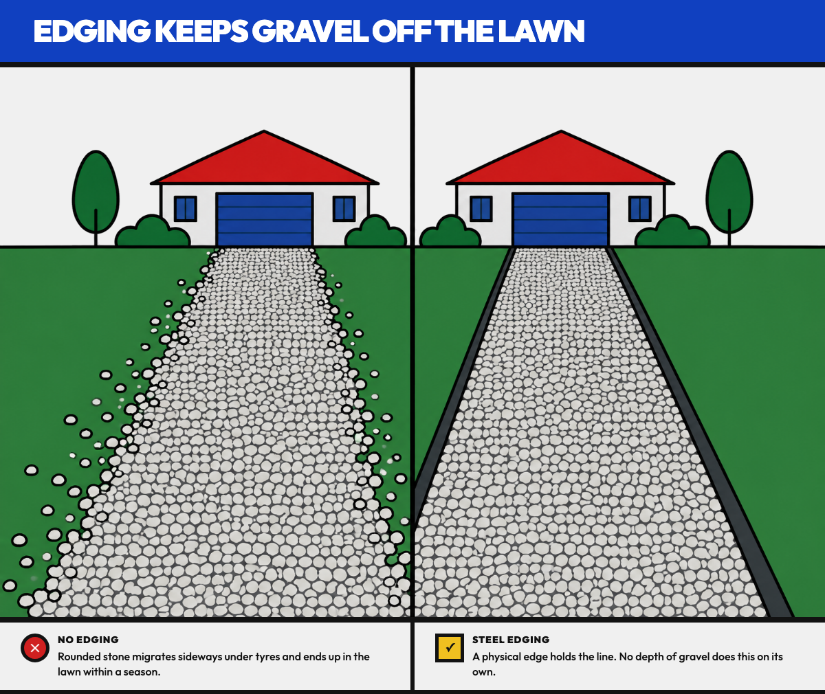 A gravel driveway with no edging, stone spilling into the lawn, beside the same driveway held in a clean line by a steel edging strip.